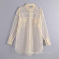 Long Sleeve Women Blouses Long Sleeve White See Through Shirt Blouses Top Factory